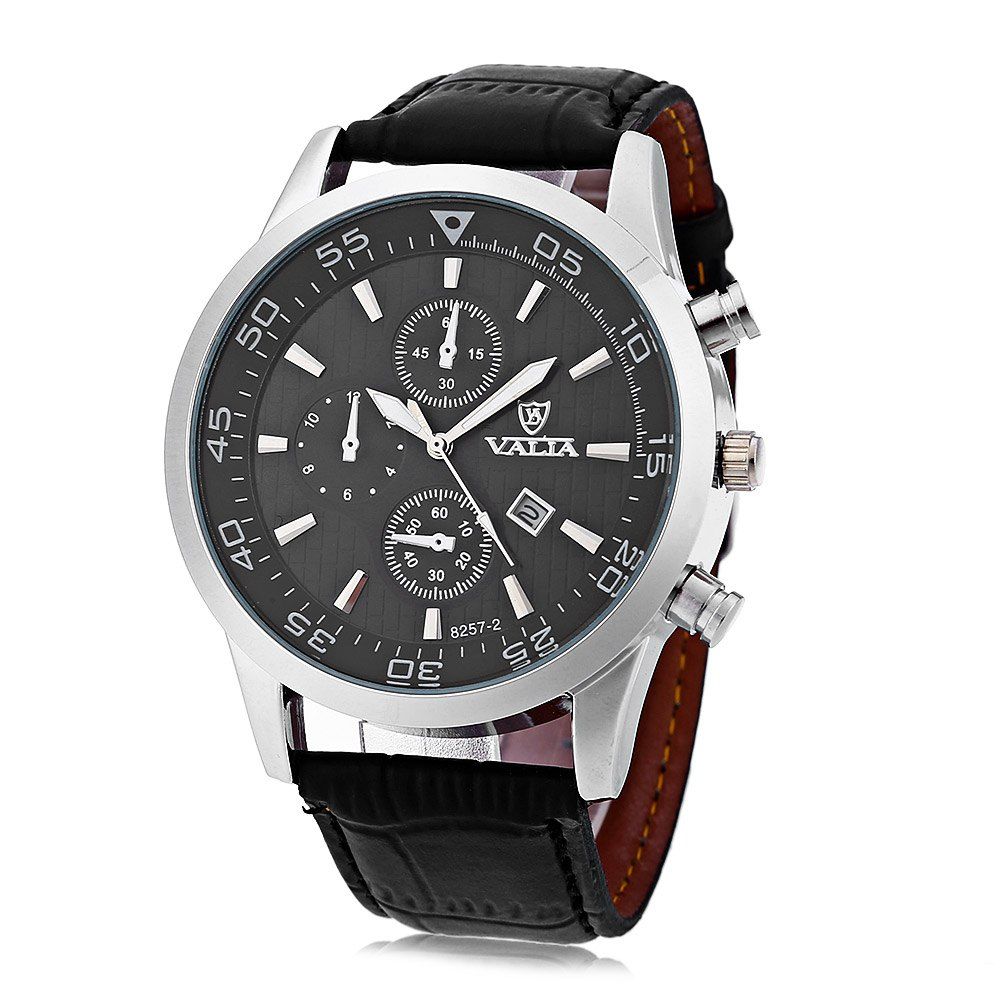 Valia 8257-2 Men Quartz Watch Date Decorative Sub-dials Round Dial Leather Band
